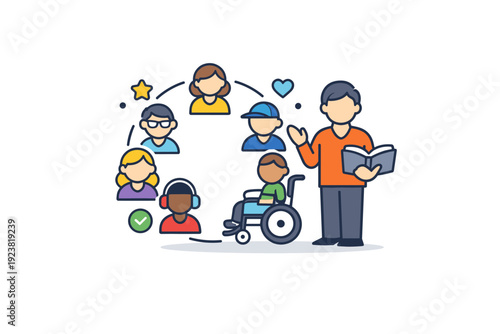 Inclusive learning environment depicted as a teacher figure standing beside a circle of varied student icons, conveying support, fairness,