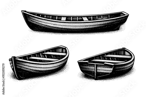 Boat isolated rowboat. A simple wooden rowboat with curved hull, visible ribs, and open interior shown in side view, front three-quarter