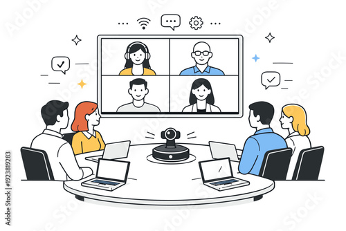 Hybrid meeting room setups. Conference table with laptops open, one camera and microphone centered, remote faces visible on wall display.