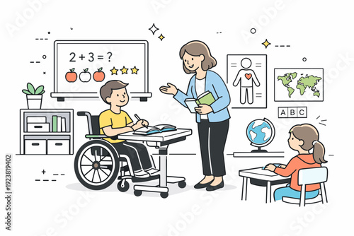 Accessible classroom environment. A modern classroom with a wheelchair user, adjustable desk, and visual learning aids, showing thoughtful