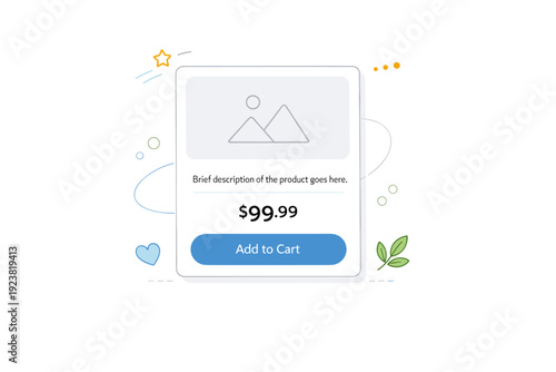 Single product card mockup. A focused product card with image placeholder, short description, price tag, and action button, surrounded by