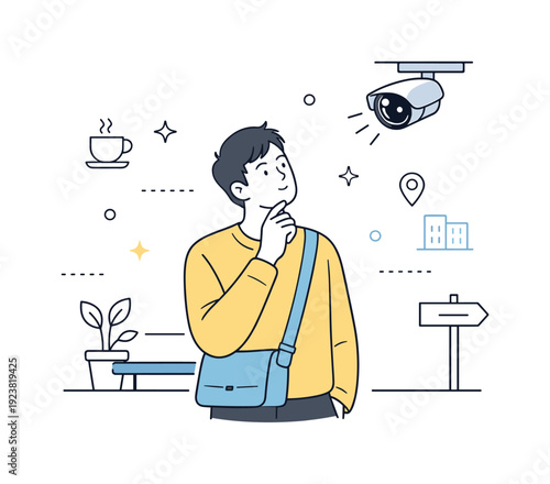 Man contemplating security camera surveillance and urban environment icons