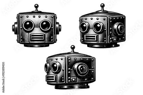 Robot head, retro mechanical robot head inspired by mid-century design with boxy shape, riveted panels, and simple eye apertures displayed in
