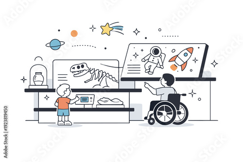 Height-accessible display design. A child and a person in a wheelchair viewing a multi-level museum exhibit with comfortable access, abstract