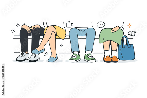 Seated legs in shared space. People sitting on a bench or in a waiting area, shown only from the knees down. Quiet coexistence and relaxed
