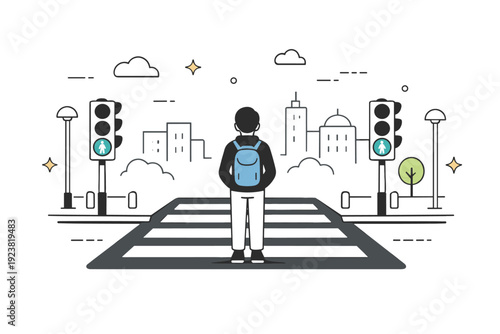 Pedestrian crossings no traffic. Lone figure standing at a crosswalk, no cars approaching, ambient city shapes in the distance. Ambiguous