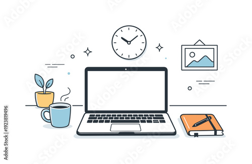 Modern minimalist workspace setup with laptop, coffee, plant, and notebook