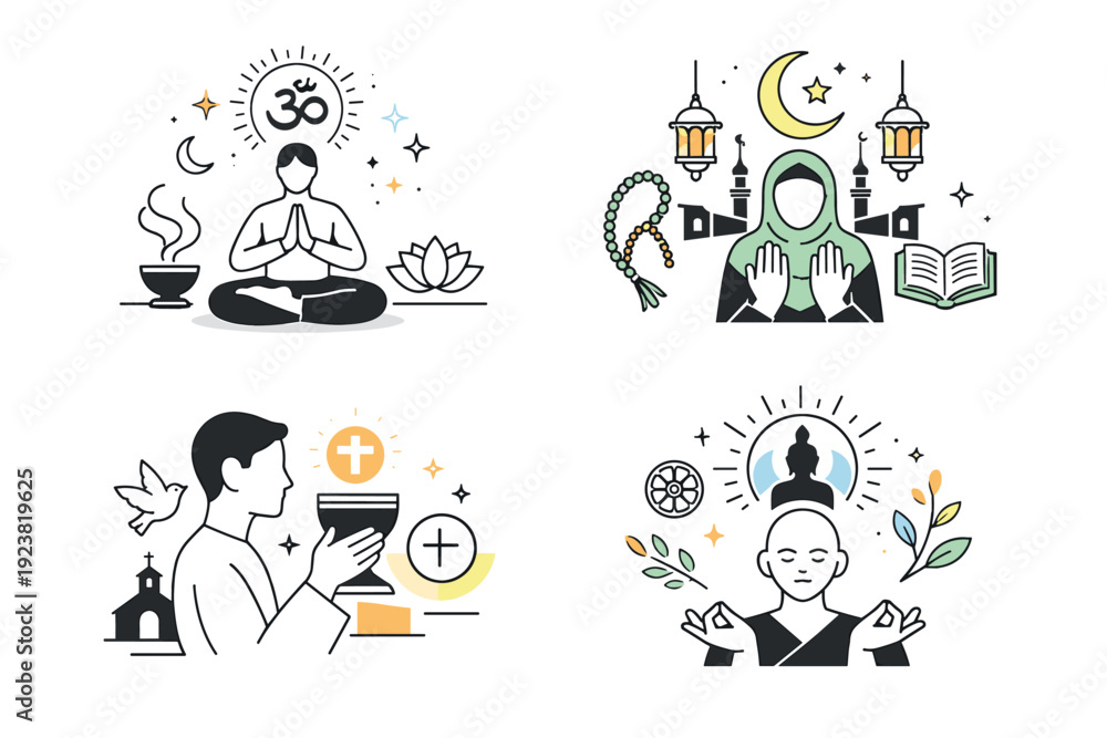 Fototapeta premium Spiritual practices in different religions. Abstract interpretation of spiritual rituals using gestures, light symbols, and flowing shapes.