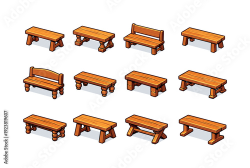 Collection of various wooden benches in isometric view, isolated on white background