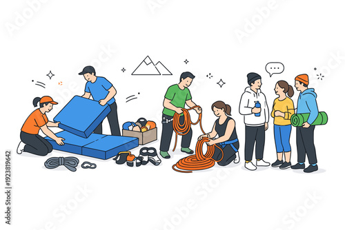 Climbing gym preparation scene. Staff or volunteers arranging mats, gear, and ropes while climbers wait, conveying organized activity and