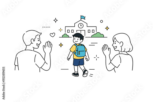 School milestone moment. Parents waving goodbye as a child walks toward school with a relaxed smile. Emotional yet calm scene celebrating
