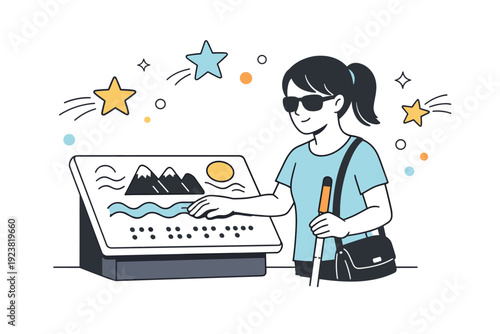 Touch-friendly exhibit interaction. A visually impaired visitor exploring a tactile museum display with raised textures and Braille, abstract