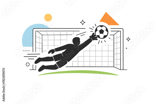 Goalkeeper save. An abstract editorial scene showing a goalkeeper silhouette blocking a powerful shot, with the goal framed by simple