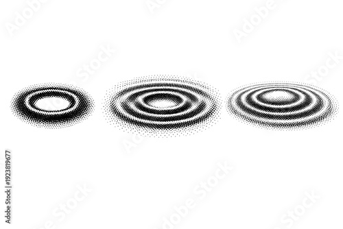 Expanding dotted ripple A single expanding ripple object shown in three views including tight ring view, mid-expansion view, and wide