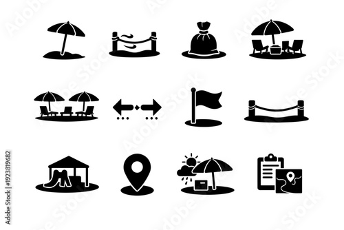 Coastal beach setup. Solid icon set of coastal beach setup: umbrella planted in sand, rope wind tie, sandbag base, family beach spot,