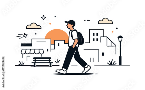 Young man with backpack walking through a stylized city at sunset
