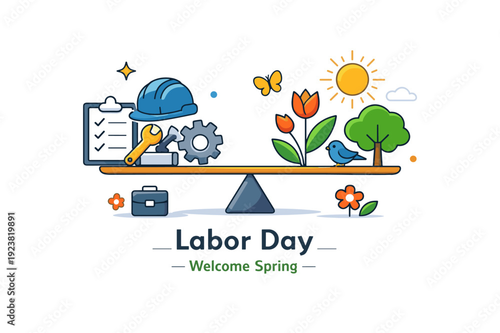 Naklejka premium Labor Day spring concept abstract balance of work icons and nature elements arranged in harmony, communicating productivity, appreciation and