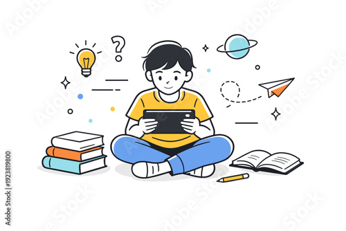 Focused Learning Environment. Focused student learning. A student sits cross-legged on the floor with a tablet, surrounded by books and minimalistic abstract