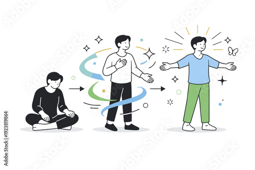 Inner change and growth. An editorial illustration of a person evolving into a new form, with abstract light elements suggesting personal