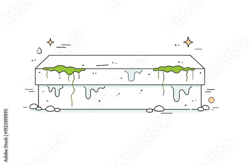 Aging concrete surface. Gentle moss lines, water stains or discoloration appear across a flat wall or step. Organic traces of time in a
