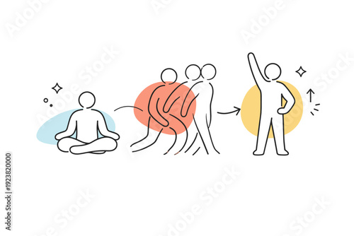 People transitioning between states as abstraction. A simplified human form blends between two clear poses, connected by soft lines and