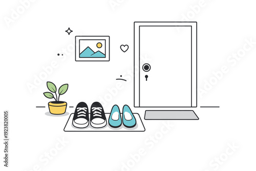 Shoes by entrances. A pair of shoes neatly placed beside a front door, no people visible. Quiet sign of presence and everyday routine.