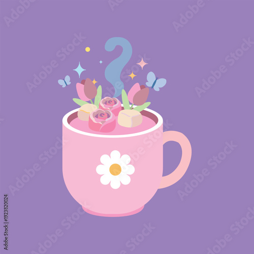 Pink mug vector illustration on violet background. Pink hot chocolate cup art. Hot cocoa spring drink with roses and tulips marshmallow  for cafe design menu and web.