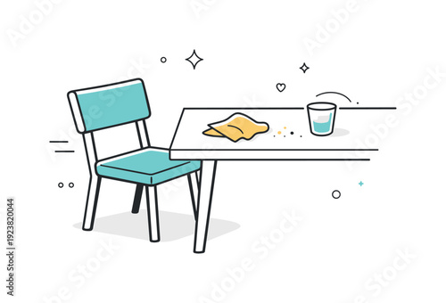Minimalist illustration of a chair and table with a glass of water and a cloth