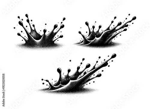 Dynamic black ink splashes frozen in motion with halftone effect