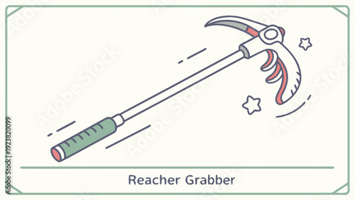 A vector graphic illustration of a reacher grabber tool with a green handle and claw, designed as a flat minimal icon.