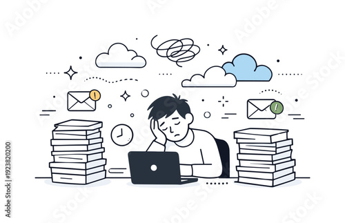 Overwhelmed office worker exhausted by piles of work and emails, feeling stressed