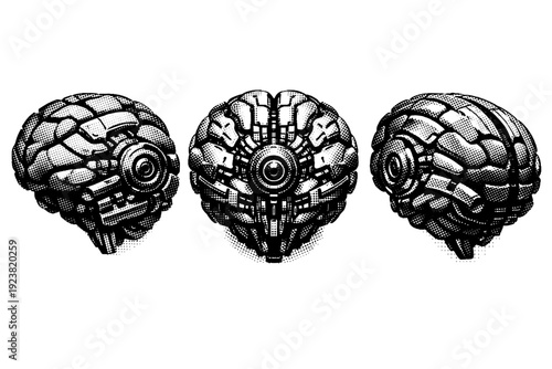 Artificial intelligence brain ? cybernetic brain core. A single cybernetic brain core presented in three views with varying rotations