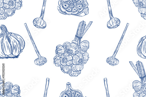 Garlic seamless pattern with botanical bulbs and vintage engraving illustration