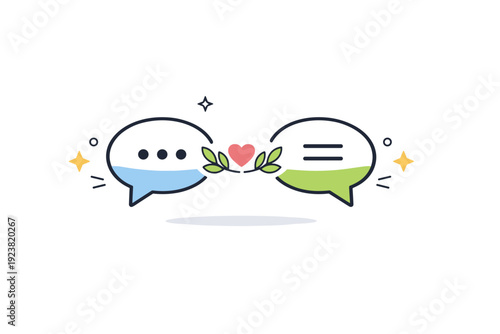 Peaceful communication. A clean icon-based scene with two speech bubbles connected by a small heart or olive branch, suggesting respectful