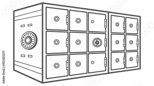 A black and white line art illustration of a large safe deposit box vault with multiple secure compartments.