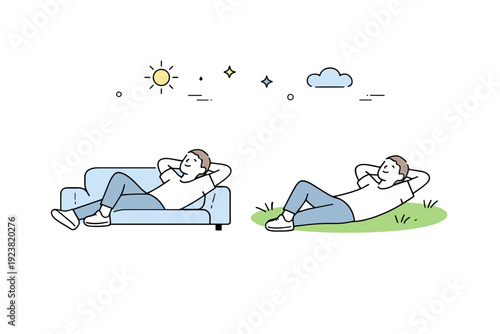 Time without plans. A person lying on a couch or grass with arms behind head, gazing up with no visible distractions. Open time and the