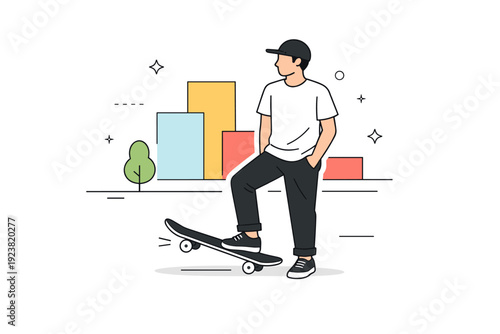 Skateboarding in urban plazas. Minimal scene with skateboard, relaxed skater stance, and abstract city blocks in the background.