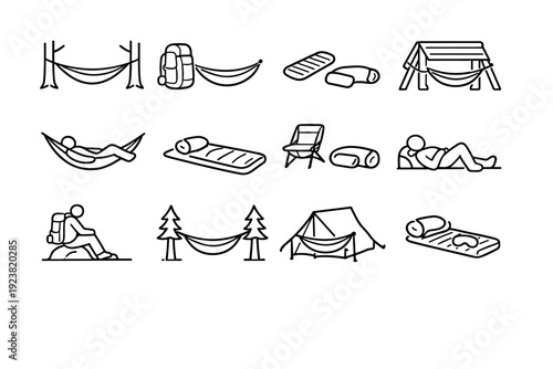 Backpacking Comfort. Line icon set of Backpacking Comfort: hammock attached to trees, backpack and hammock, ultralight camping rest, trail