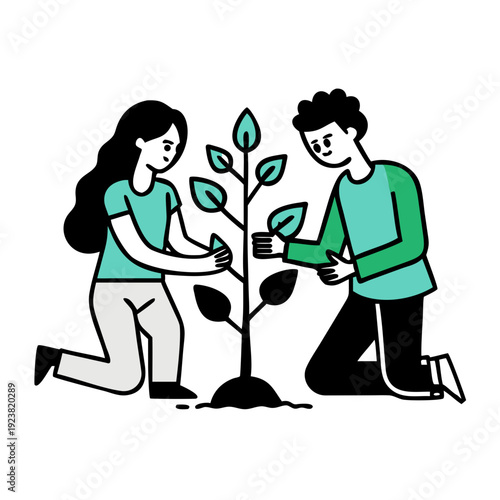 Happy couple planting a tree together environmental conservation sustainability green earth
