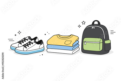 Minimalist Casual Fashion. Everyday fashion details. A simple still life of casual clothing items like sneakers, folded t-shirts, and a backpack. Clean
