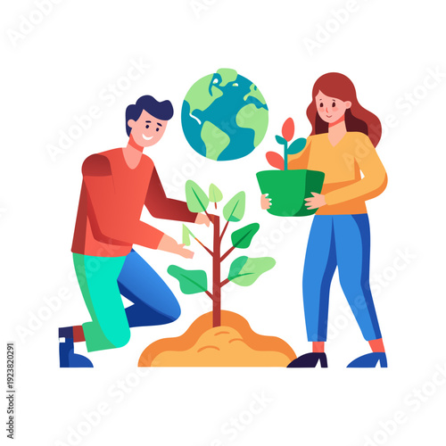 Happy couple planting a tree together environmental conservation sustainability green earth
