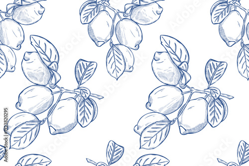 Lemon seamless pattern with vintage botanical branches and citrus slices