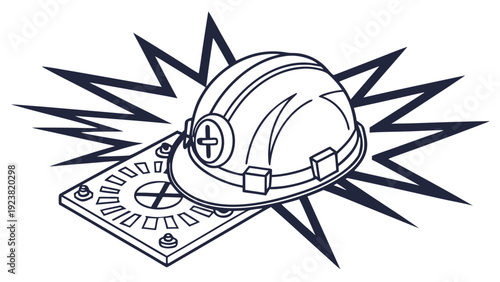 A vector graphic illustration of a hard hat and control panel with a starburst design