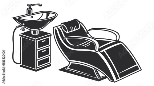 A black and white vector illustration of a hair washing station with a chair and sink