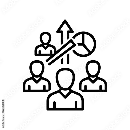 Minimalist flat design illustration showing team promotion with an upward arrow, three silhouettes, and professional growth concept in black and white.