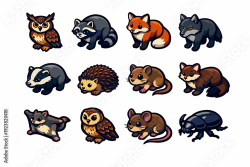 Nocturnal Forest Icons. Forest nocturnal animals. Colorful isometric vector icons set of forest nocturnal animals: owl, raccoon, fox, wolf, badger, hedgehog,