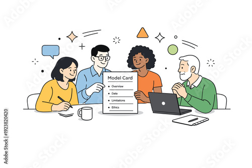 Team reviewing AI model card. A diverse group of researchers around a table analyzing a printed or digital model card, abstract floating
