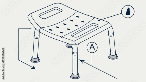 A detailed vector illustration of a shower chair with adjustable legs and a perforated seat