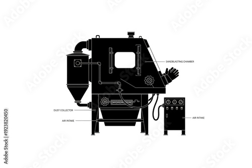 Industrial Blast Cabinet Illustration: A detailed line art illustration of an industrial blast cabinet, showcasing its components for abrasive blasting in manufacturing.