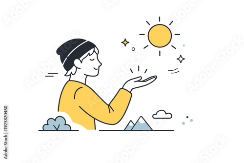 People testing warmth outdoors. A person holds one hand out into the sun, palm open, body relaxed. Small mindful interaction with changing